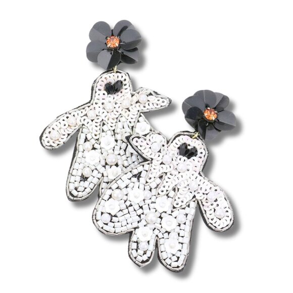 Here For The Boos Sparkle Seed Beaded Pearl Ghost Halloween Statement Earrings - Picture 2 of 2